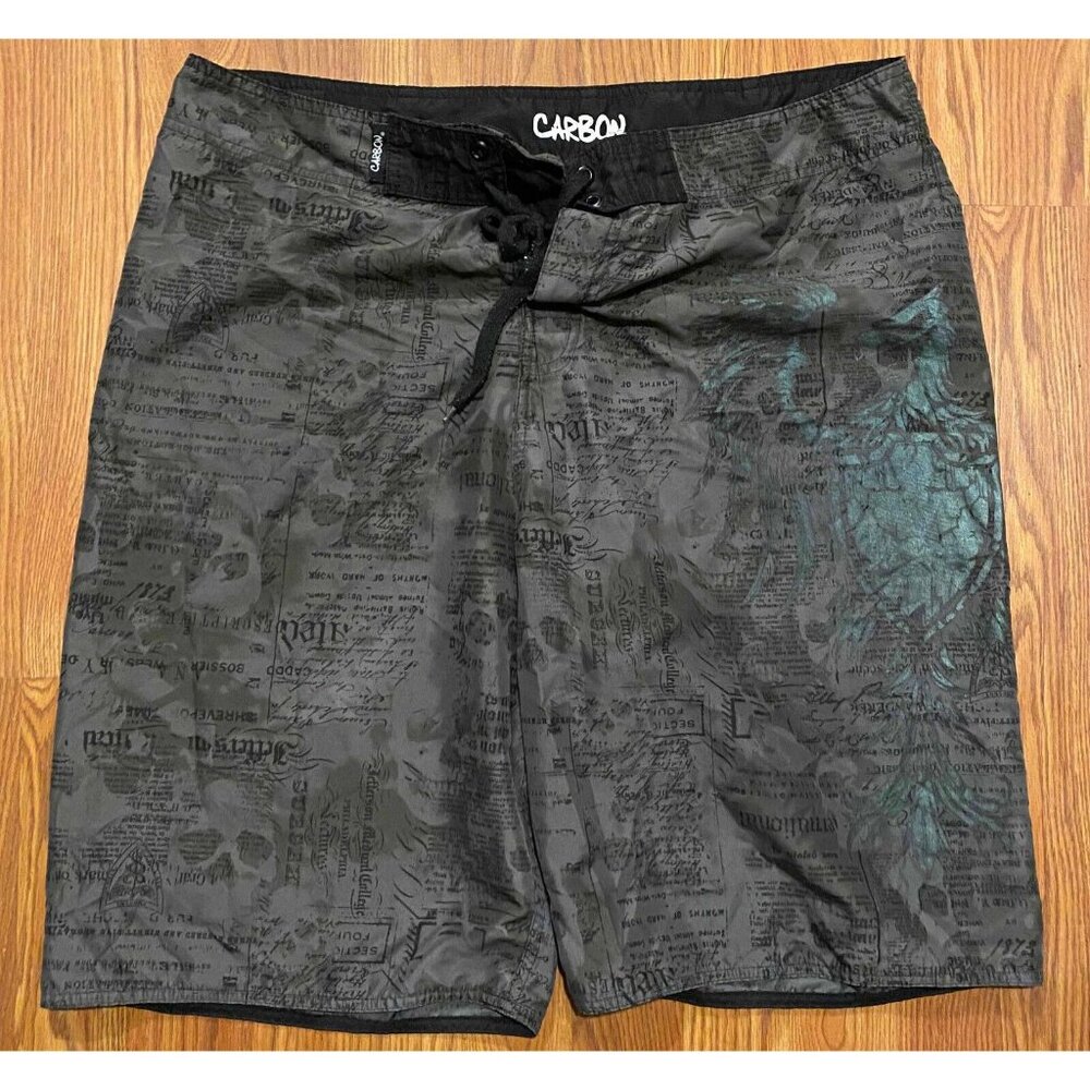 Carbon Mens 36 Hawaiian Board Shorts Beach Swim Trunks Skull AOP Y2K